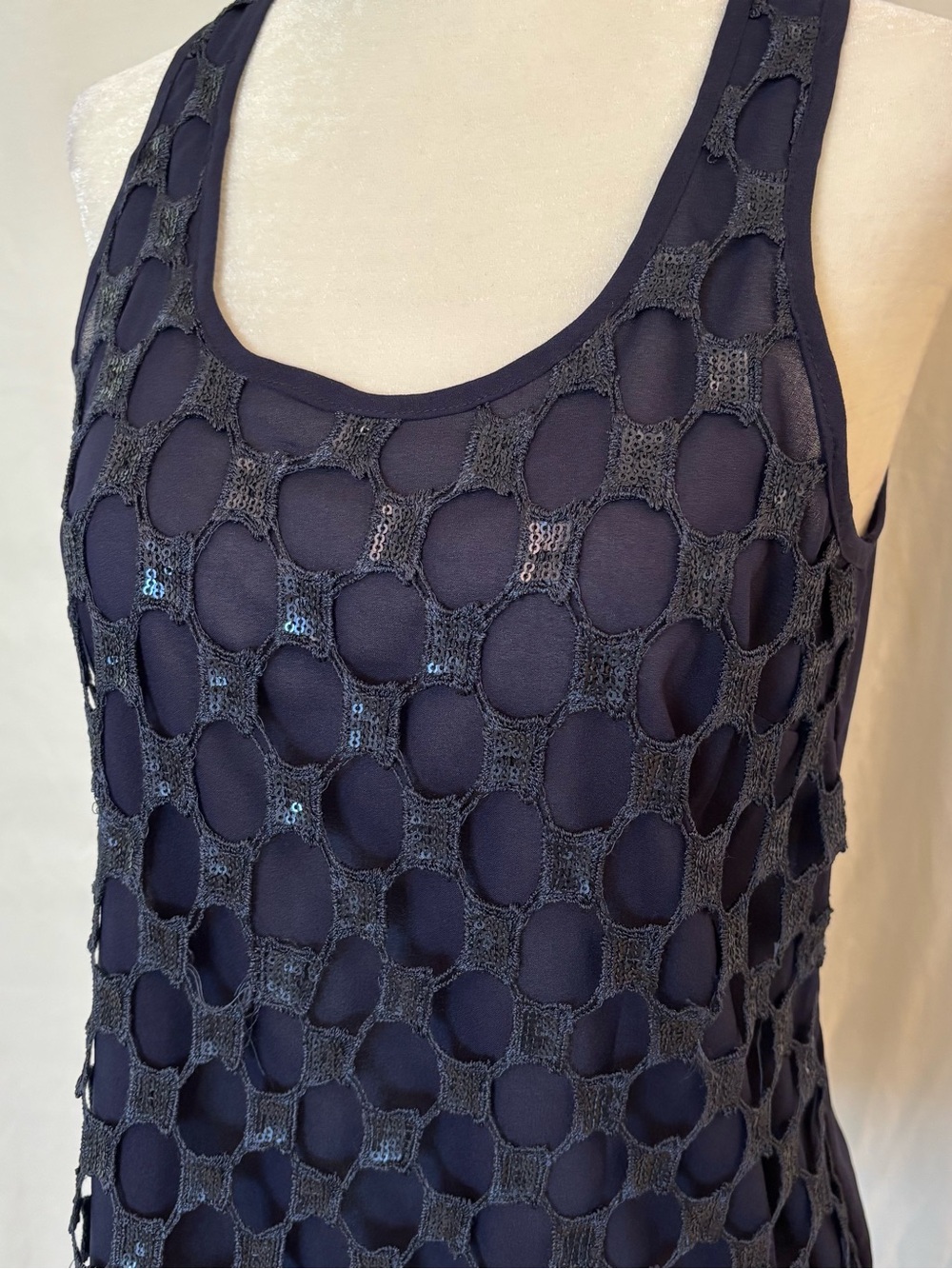 Dex Navy Sequin Mesh Tank Top XS Mermaidcore Sheer Layered Y2K Glam Goth - Picture 3 of 9